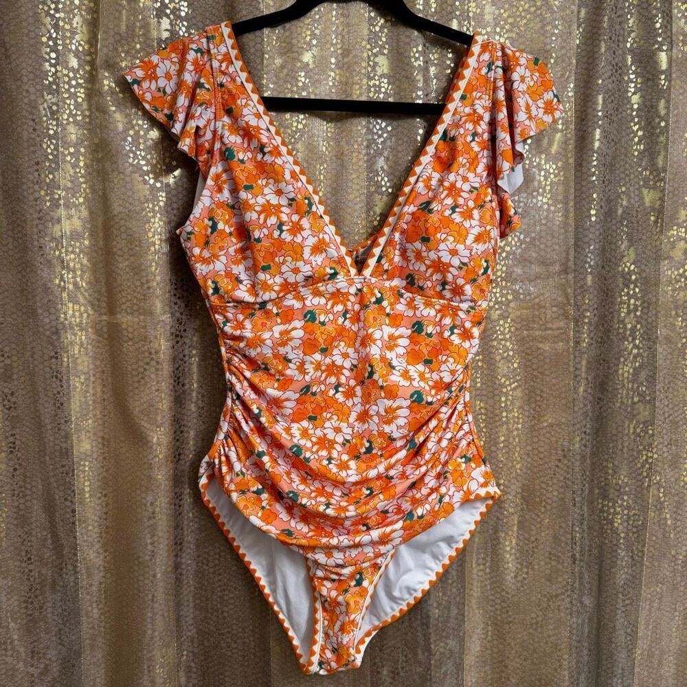Aidonger Orange Green Floral Ruched One Piece Swimsuit Large NWT